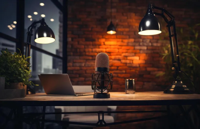La mesa de escritorio de un podcaster don portátil, papeles y un micrófono profesional
