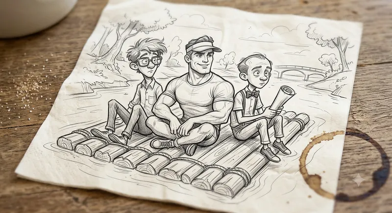 Imagen de los tres amigos sobre la balsa.